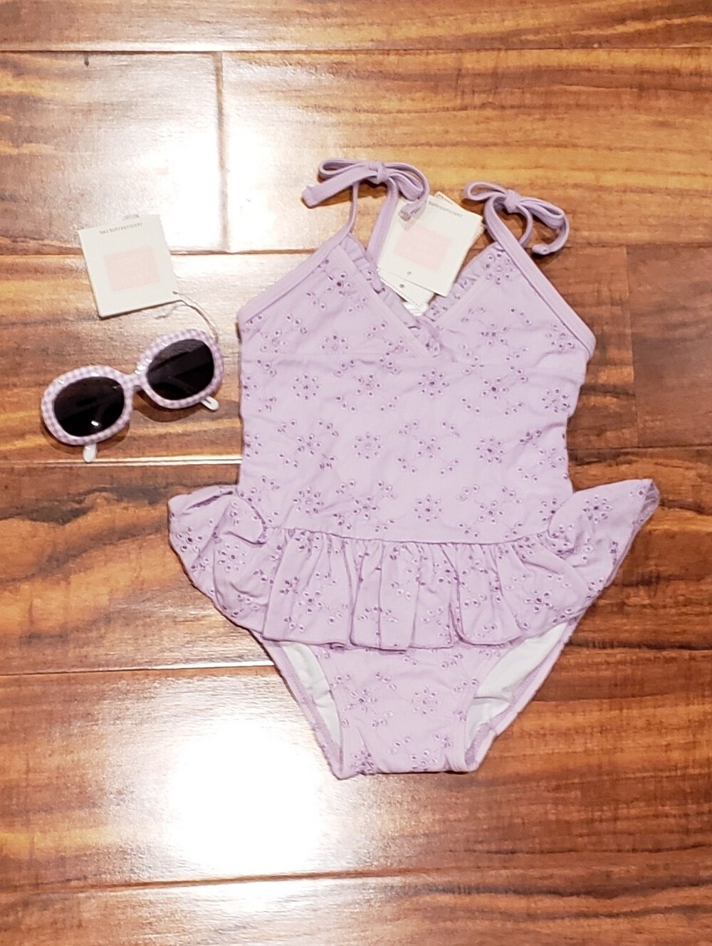 Janie and Jack NWT 18-24 months purple eyelet one-piece swimsuit and sunglasses
